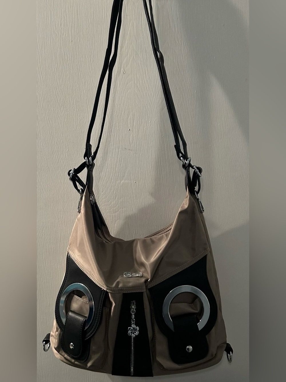 NEW KL928 Purse/Backpack, Adjustable Strap Beige and Black with Silver Hardware